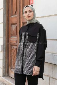 Black Shirt Collar Long Arm Crepe Fabric Printed Shirt