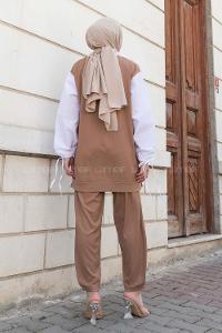 Camel Crew Neck Long Arm Without Accessories Crepe Fabric Regular Trousers Comfortable Suit