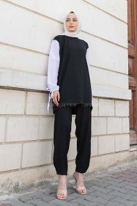 Black Crew Neck Long Arm Without Accessories Crepe Fabric Regular Trousers Comfortable Suit