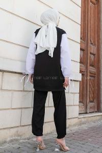 Black Crew Neck Long Arm Without Accessories Crepe Fabric Regular Trousers Comfortable Suit