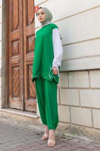 Green Crew Neck Long Arm Without Accessories Crepe Fabric Regular Trousers Comfortable Suit
