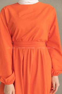 Orange Medium Crew Neck Linen Unprinted Dresess