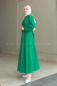 Green Medium Crew Neck Linen Unprinted Dresess