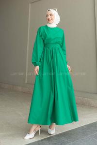 Green Medium Crew Neck Linen Unprinted Dresess