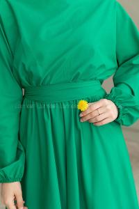 Green Medium Crew Neck Linen Unprinted Dresess