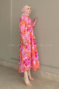 Fuchsia Crew Neck Poplin Fabric Unprinted Dresess