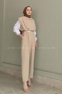 Beige Roll Neck Crepe Fabric Unprinted Overalls