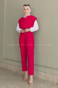 Fuchsia Roll Neck Crepe Fabric Unprinted Overalls