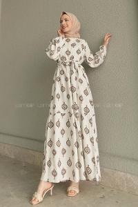 Ecru Tan Crew Neck Linen Printed Dresess