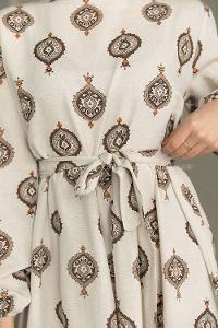 Ecru Tan Crew Neck Linen Printed Dresess