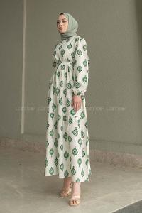 Ecru Khaki Crew Neck Linen Printed Dresess