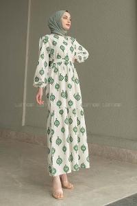 Ecru Khaki Crew Neck Linen Printed Dresess