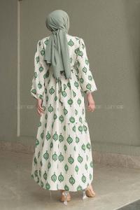 Ecru Khaki Crew Neck Linen Printed Dresess