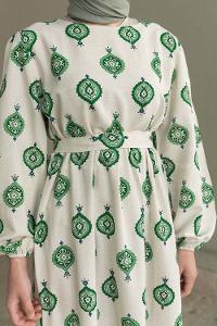 Ecru Khaki Crew Neck Linen Printed Dresess