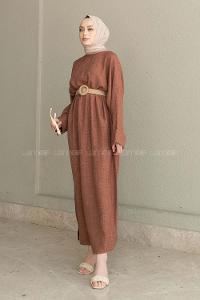 Brown Crew Neck Ayrobin Unprinted Dresess