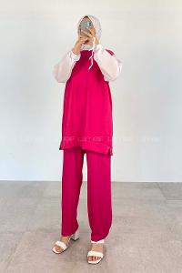 Fuchsia Crew Neck Long Arm Without Accessories Crepe Fabric Regular Trousers Comfortable Suit