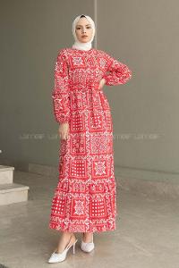 Red Crew Neck Cotton Printed Dresess