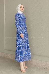 Blue Crew Neck Cotton Printed Dresess