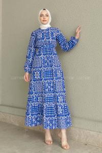 Blue Crew Neck Cotton Printed Dresess