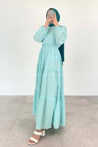 Water Green Medium Crew Neck Cotton Fabric Unprinted Dresess