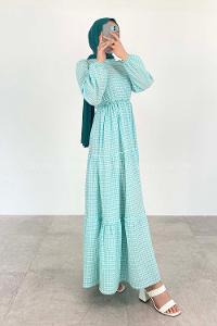 Water Green Medium Crew Neck Cotton Fabric Unprinted Dresess