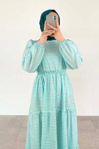 Water Green Medium Crew Neck Cotton Fabric Unprinted Dresess