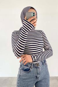 Navy Striped Crew Neck Long Arm Without Accessories Unprinted Blouse