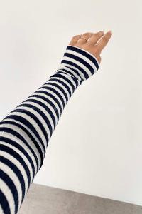 Navy Striped Crew Neck Long Arm Without Accessories Unprinted Blouse