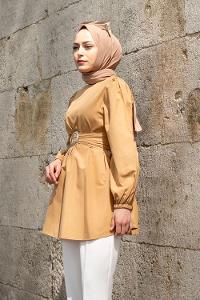 Camel Crew Neck Long Arm Cotton Fabric Unprinted Shirt