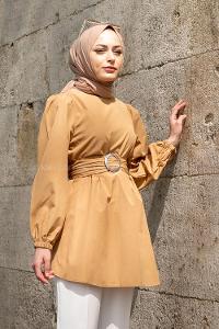 Camel Crew Neck Long Arm Cotton Fabric Unprinted Shirt