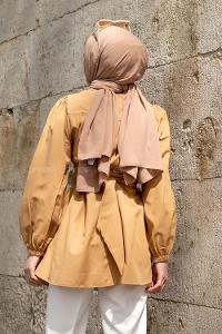 Camel Crew Neck Long Arm Cotton Fabric Unprinted Shirt