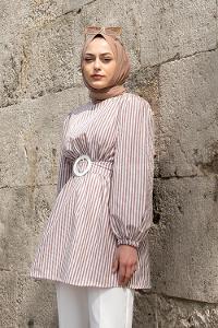 Brown Crew Neck Poplin Fabric Unprinted Tunic