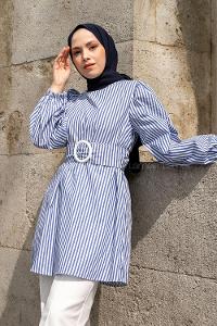 Blue Crew Neck Poplin Fabric Unprinted Tunic