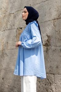 Light Blue Neck Neck Combed Fabric Unprinted Tunic