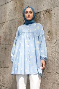 Baby Blue Mandarin Collar Long Arm Cotton Printed Shirt
