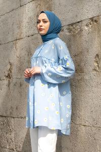 Baby Blue Mandarin Collar Long Arm Cotton Printed Shirt