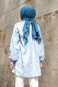 Baby Blue Mandarin Collar Long Arm Cotton Printed Shirt