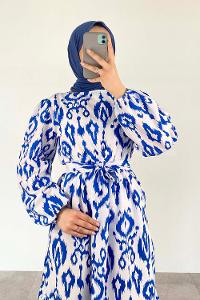 Blue Crew Neck Cotton Printed Dresess