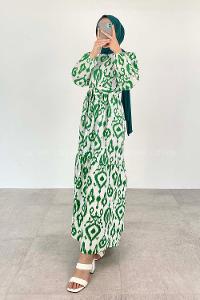 Green Crew Neck Cotton Printed Dresess