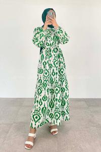 Green Crew Neck Cotton Printed Dresess