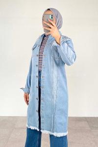 Modalamelif Boydan Düğmeli Eskitme Yıkamalı Püskül Detaylı Uzun Ceket Buz Mavi