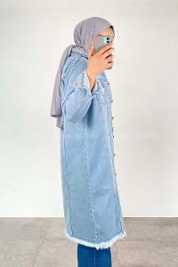 Modalamelif Boydan Düğmeli Eskitme Yıkamalı Püskül Detaylı Uzun Ceket Buz Mavi