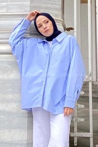 Blue Shirt Collar Long Arm Cotton Unprinted Shirt