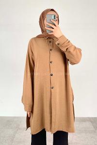 Brown With Milk Shirt Collar Long Arm Cotton Fabric Unprinted Shirt