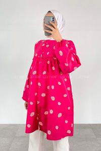 Fuchsia Mandarin Collar Long Arm Cotton Printed Shirt