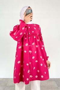 Fuchsia Mandarin Collar Long Arm Cotton Printed Shirt