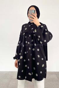 Black Mandarin Collar Long Arm Cotton Printed Shirt