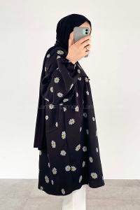 Black Mandarin Collar Long Arm Cotton Printed Shirt