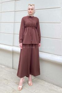 Bitter Brown Shirt Collar Long Arm Belted Crepe Fabric Regular Trousers Comfortable Suit