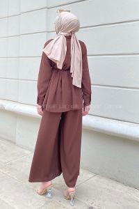 Bitter Brown Shirt Collar Long Arm Belted Crepe Fabric Regular Trousers Comfortable Suit